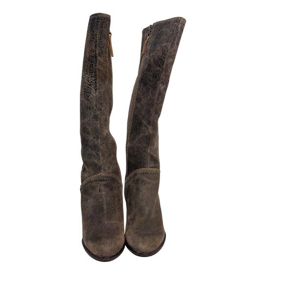 Fossil Crackled Brown Leather Wedge Knee High Boots 6 - Picture 6 of 11